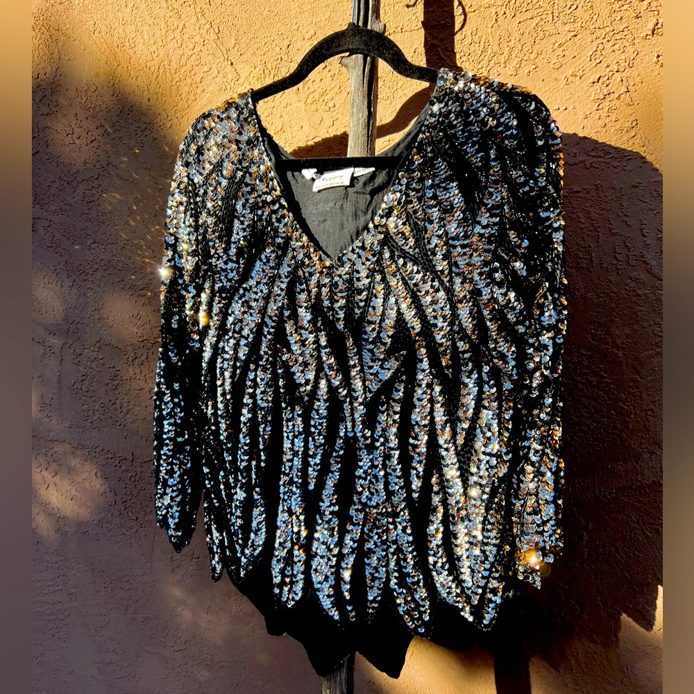 Vintage 1980s Oleg Cassini Black Gold Sequin Zig Zag Top by He-Ro Industries M